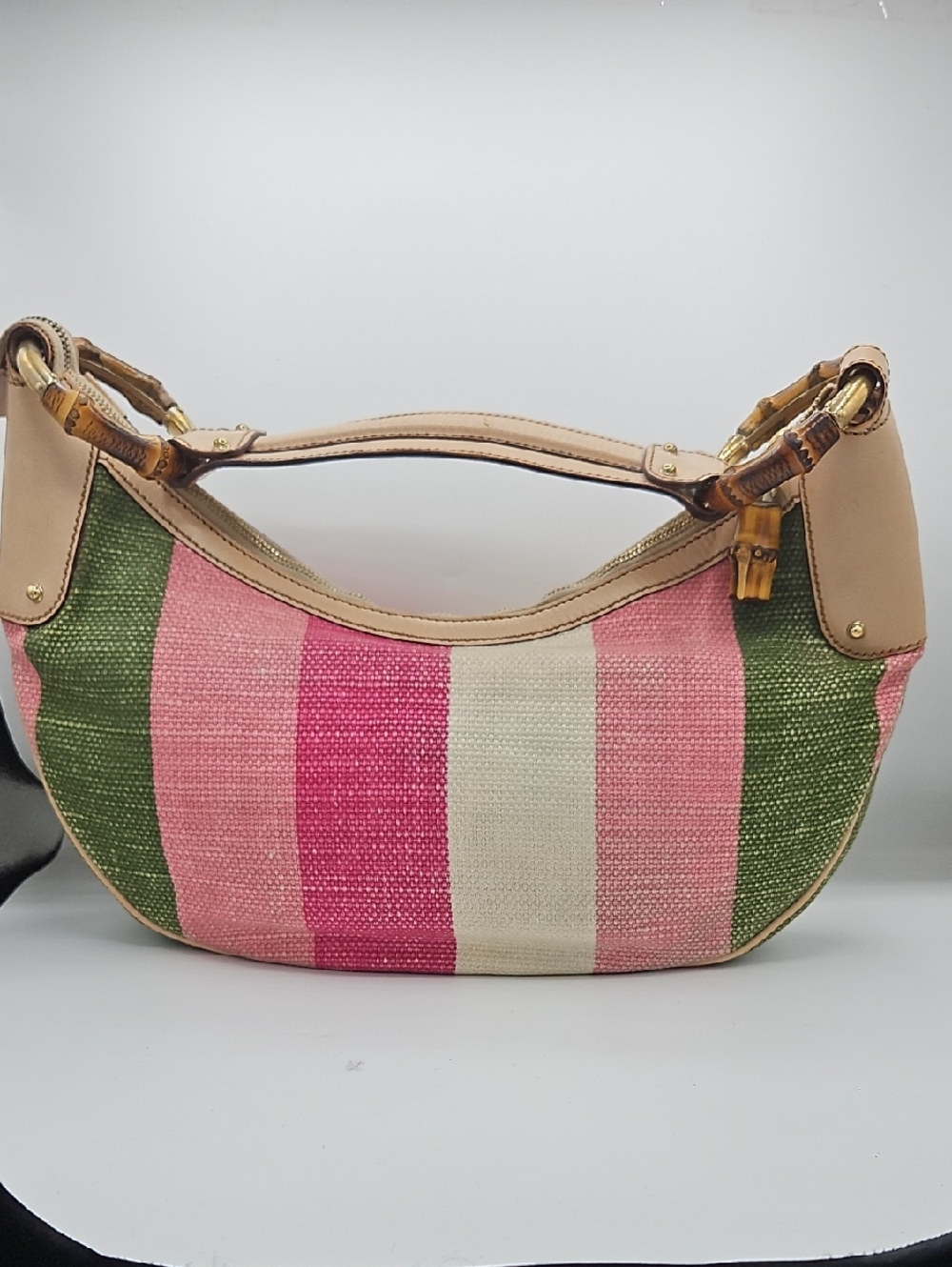 GUCCI striped Pink & Green Shoulder Bag with Bamboo Accents Used 1x